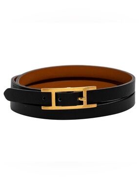 Hermes Black Leather Double-Wrap Belt style Bracelet with Gold H Buckle